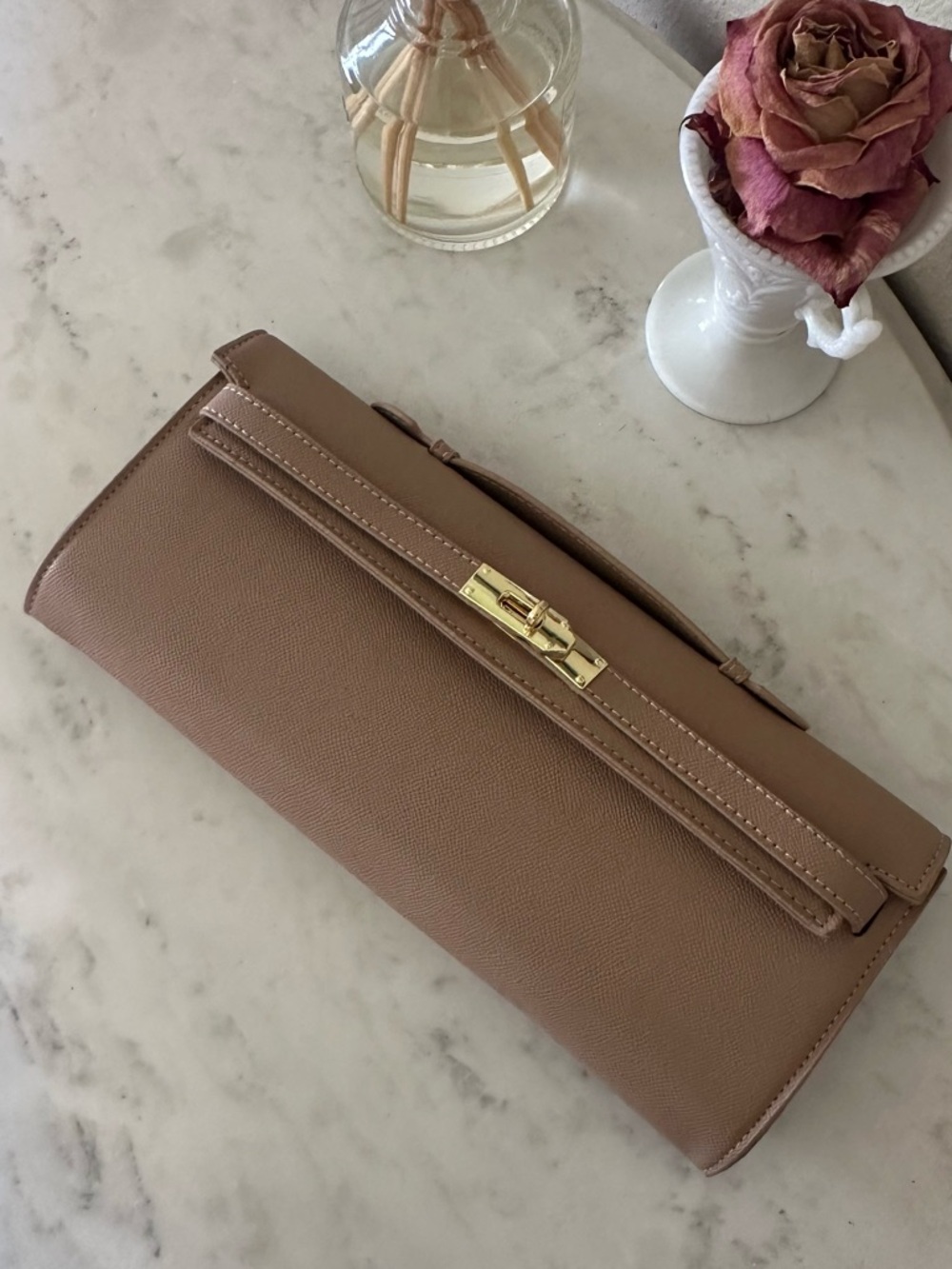Taupe Kelly style Pochette 30 cm faux Leather Clutch with Gold Hardware